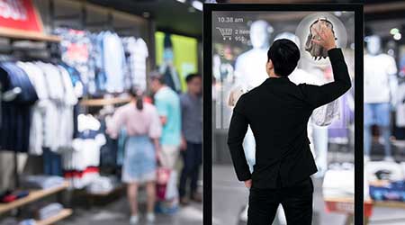 Businessman using smart glass digital signage                                                                                                         