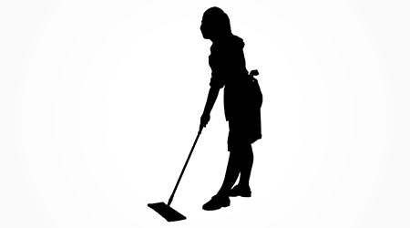 Full length of silhouette maid sweeping floor with mop over white background
