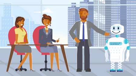 Business team and robot. Cartoon flat design characters.                                                                                              