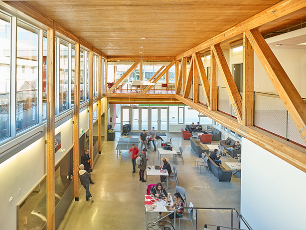 Radiant heating/cooling conditions the space at occupant level in University of British Columbia Engineering Student Centre